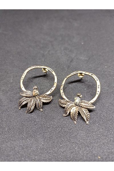 mama india alaçatı Bronze Color Brass Hoop Earrings with Natural Stone Detailed Leaf Figure