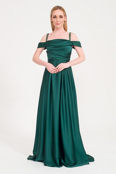 SpringStore Rochie de seară din satin cu bretele din piatră smarald