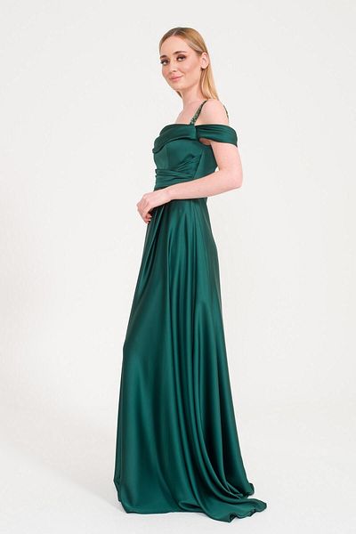 SpringStore Rochie de seară din satin cu bretele din piatră smarald