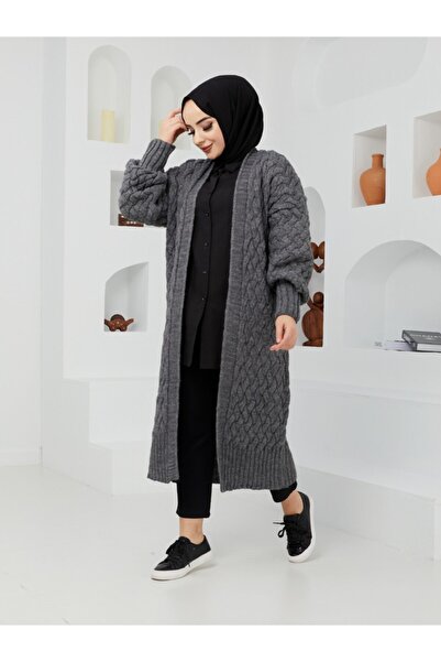 Pamuk Butik سترة صوفية نسائية محبوكة بأكمام بالونية من أنثراسايت