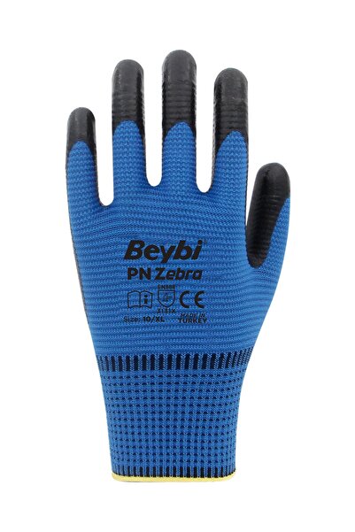 Beybi Pn Zebra Polyester Knitted Nitrile Gloves-Blue-No:10 - 1 Pair