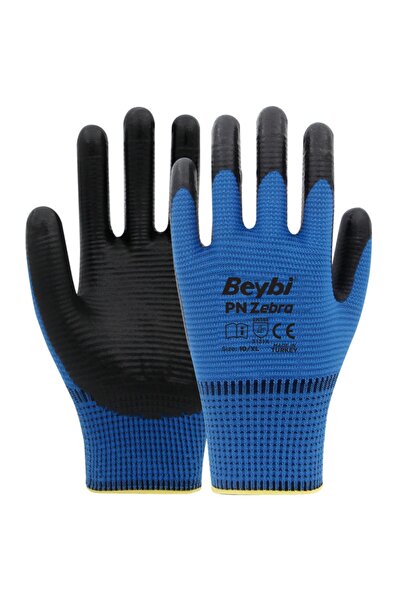 Beybi Pn Zebra Polyester Knitted Nitrile Gloves-Blue-No:10-12 Pack
