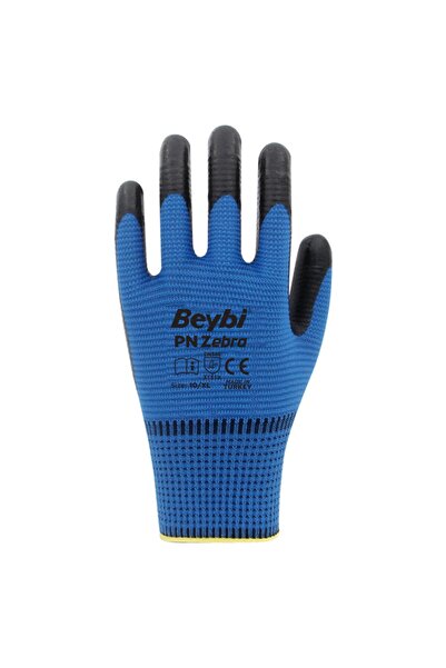 Beybi Pn Zebra Polyester Knitted Nitrile Gloves-Blue-No:10-12 Pack