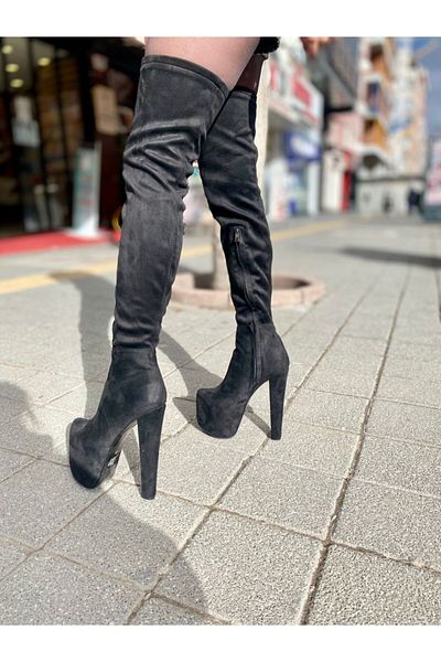Afilli Γυναικείες μαύρες γόβες Nubuck χοντρές ψηλές πλατφόρμες 16-17 εκ. Κάλτσες πάνω από το γόνατο Βραδινό φόρεμα μπότες