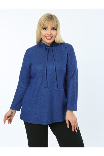 LİKRA Γυναικεία Μπλε Plus Size Ριγέ Γιακά με Δαντέλα Ελαστική Πλεκτή Μπλούζα
