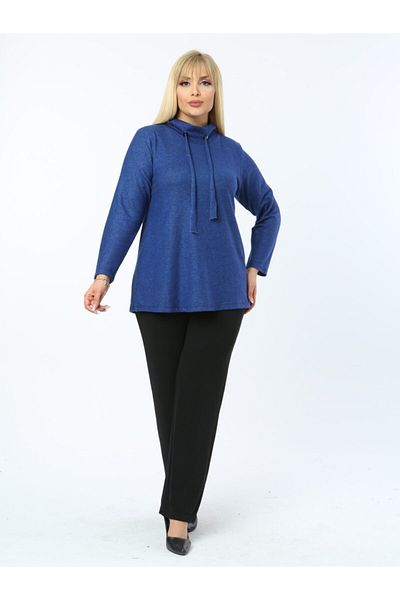 LİKRA Γυναικεία Μπλε Plus Size Ριγέ Γιακά με Δαντέλα Ελαστική Πλεκτή Μπλούζα