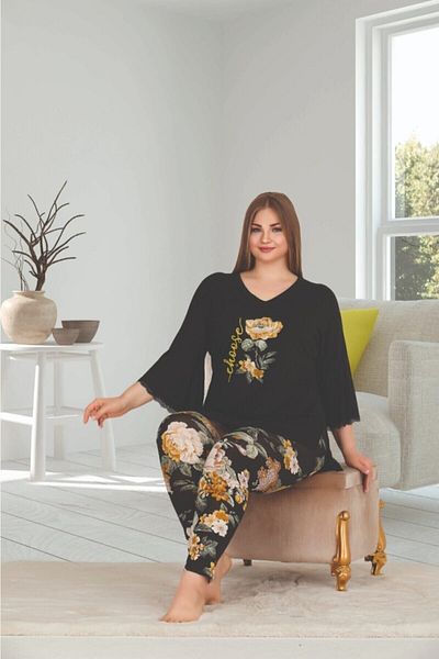 Yenimodam Black Color Floral Pattern Long Sleeve Large Size Ldy 11335 Women's Pajamas Set
