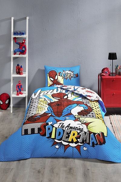 Özdilek Licențiat Disney Spiderman Newyork - Husă de pilota pentru copii matlasată albastră unică (foaie de pat)