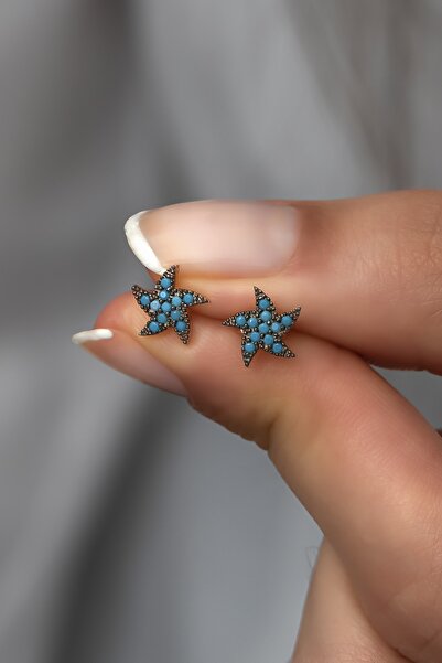 Nereze 925 Ayar Gümüş Rose Turkuaz Deniz Yıldızı Küpe