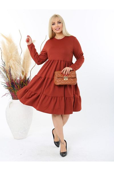 LİKRA Women's Brick Plus Size Layered Gathered Mira Dress