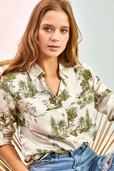 Bianco Lucci Női ujjú hajtogatott lenvászon ing erdő illusztrációkkal