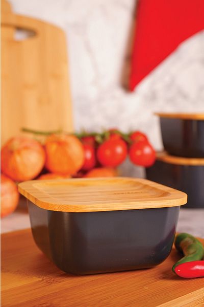 Bambum Slalom Square - Granite Storage Container with Bamboo Lid 10cm Gray