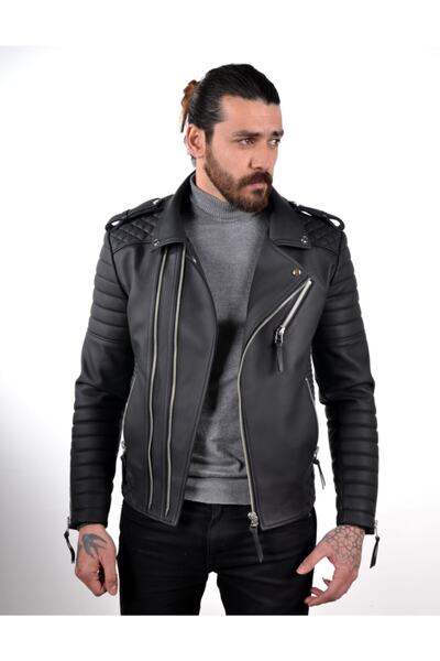 Meka Deri Erkek Siyah Hakiki Deri Spor Ceket