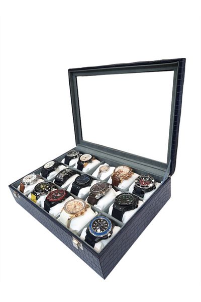 STAND MARKET Watch Box 15 Pieces Dark Blue Crocodile