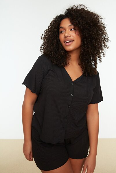 Trendyol Curve Plus Size Pajama Set - Black - Plain