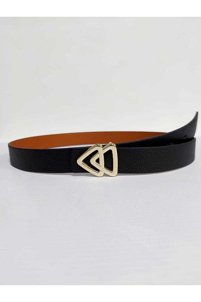 Kemerix Women's Black-tan Double-Way Gold Buckle Belt