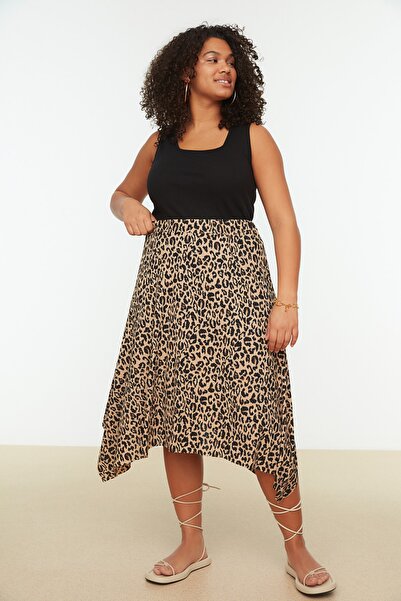 Trendyol Curve Καφέ λεοπάρ στάμπα ασύμμετρη πλεκτή φούστα συν μέγεθος TBBSS22ET0253