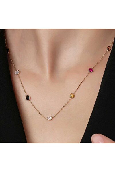 BİLEZİKHANE Renkli Taşlı Altın Kolye Tek Sıralı