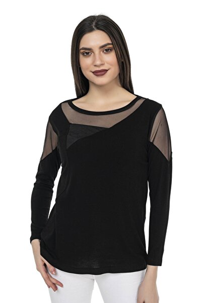 EtkiModa Bluză neagră de damă cu guler și umeri din tul și garnitură din piele