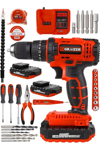 Graizer Alman Technology 58 V 5 Ah Darbeli Çift Akülü Şarjlı Vidalama Matkap ...