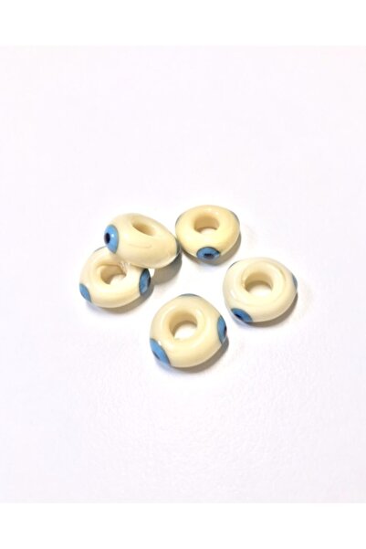 Alevde Cam Atölyesi Eyed Cylinder Murano Glass Bead Cream 5 Pieces