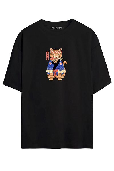 Harmandar ? Tricou oversize negru unisex cu imprimeu Anime Cat
