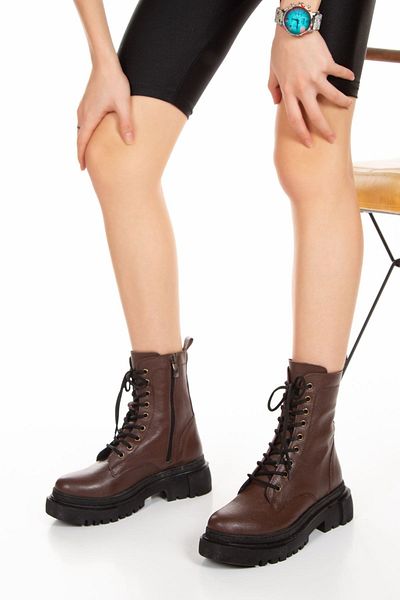 derithy Genuine Leather Lace Up Zippered Boots Lightweight Poly Sole Warm Lined Orthopedic Boots Erc1950 Brown