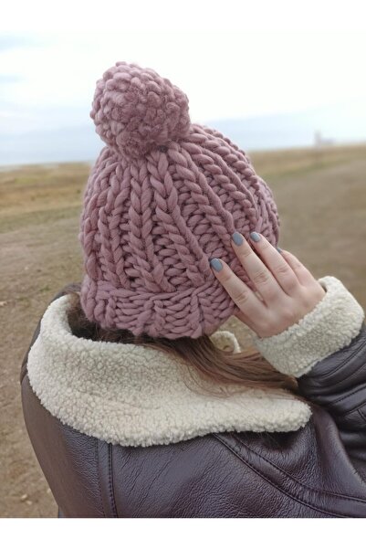 Sihirlihalka %100 Yün El Emeği Bere Gül Kurusu ( Büyük Ilmekli)