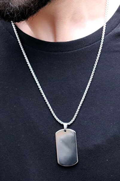 Baykuş Asker Künyesi Erkek Gri Çelik Kolye