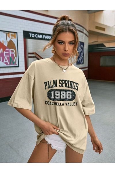 AFROGİYİM Oversize Palm Springs 1986 Logo Beige T-shirt