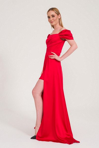 SpringStore Rochie de seara din satin cu fanta rosie
