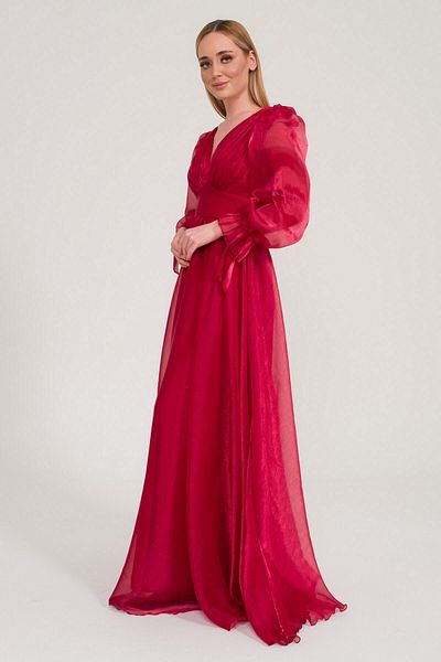 SpringStore Rochie de seara din tul cu maneca balonata rosie Claret