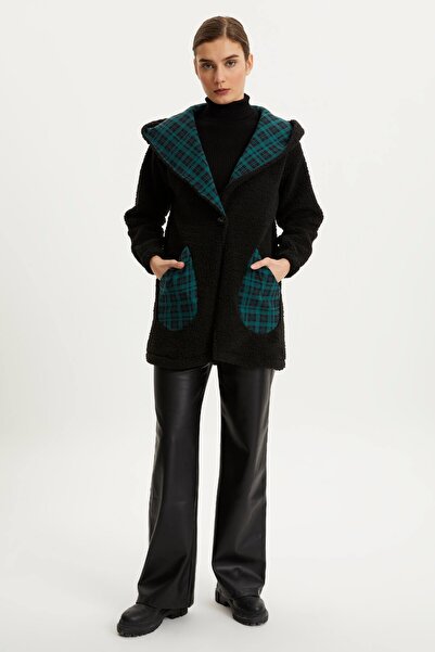Hanna's by Hanna Darsa Kadın Siyah Peluş Kapüşonlu Ekose Garnili Iki Cepli Mont
