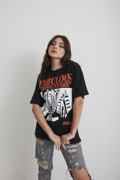 Mad&Calf Дамска черна тениска с щампа Fabulous Oversize