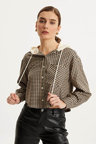 Hanna's by Hanna Darsa Kadın Kahverengi Verev Cep Detaylı Kapüşonlu Dokuma Cr...