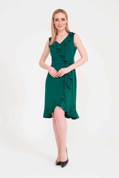 SpringStore Yeşil Kolsuz Fırfırlı Abiye Elbise