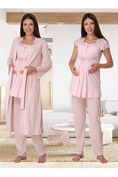 kaktüslohusa Effort Kadın Pembe Desenli Düğmeli Sabahlıklı 3'lü Set Lohusa Ha...