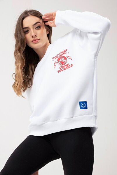 Eazy Co Eazy Change Yourself Υπερμεγέθη Unisex Λευκό Φούτερ με λαιμόκοψη