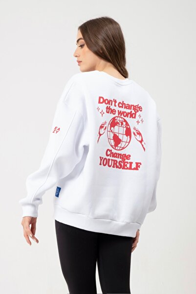 Eazy Co Eazy Change Yourself Υπερμεγέθη Unisex Λευκό Φούτερ με λαιμόκοψη
