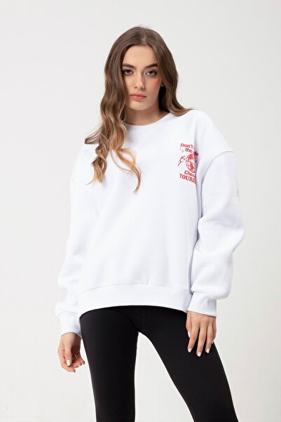 Eazy Co Eazy Change Yourself Υπερμεγέθη Unisex Λευκό Φούτερ με λαιμόκοψη