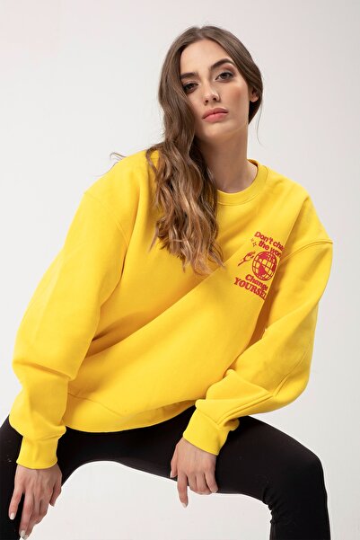 Eazy Co Eazy Change Yourself Oversize Unisex Жовтий Світшот з Товстим Капюшоном та Велосипедним Воротником