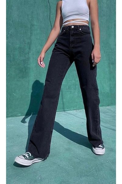 Trn JNS Pantaloni largi, în lycra negru, cu talie super înaltă, Palazzo Palazzo. (SUPER ÎNALT.) Picior lat.
