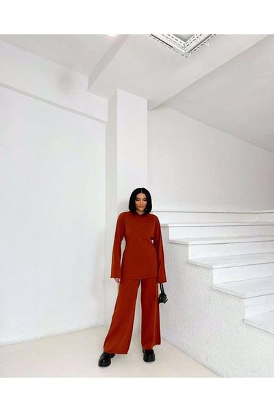 1Moda1Tarz Women's Tile Crew Neck Belted Knitwear Bottom-Top Set Comfortable Fit Detail Elastic Waist