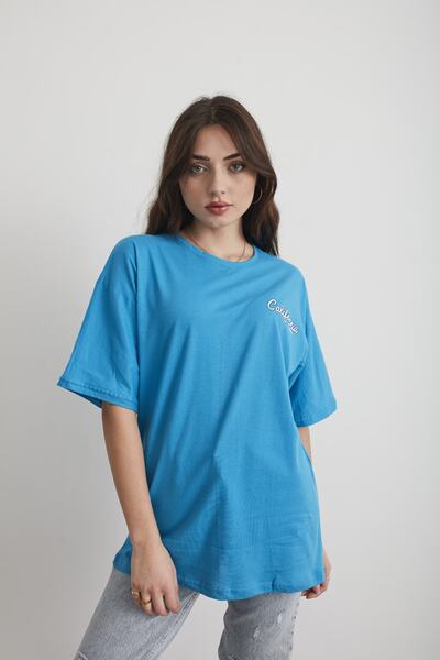 Mad&Calf Women's Saks Blue California Printed Oversize T-shirt