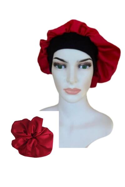 elvin aksesuar Kırmızı Renk Saten Saç Bonesi Ve Büyük Boy Simit Toka Set