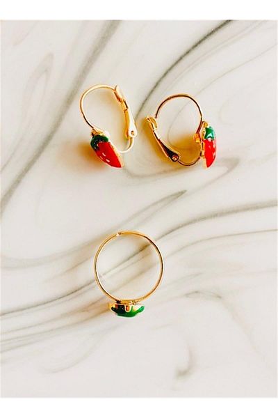 Yeşim Aksesuar Strawberry Children's Earring and Ring Set Children's Ring and Earring Set