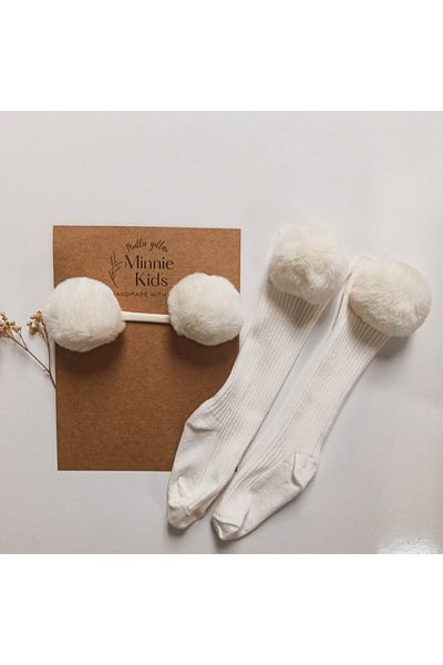MinnieKids Ecru Girl's Baby Bandana and Pompom Socks Set