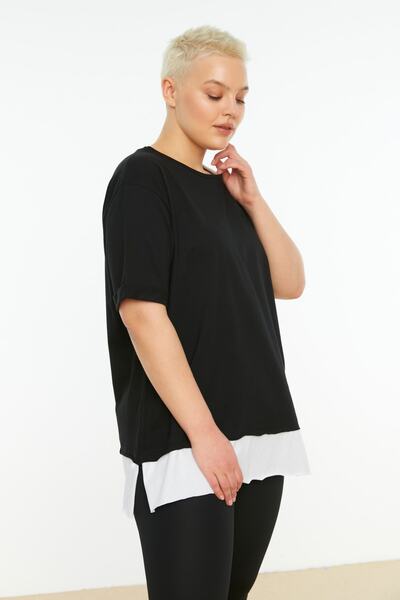 Trendyol Curve Černé tričko Boyfriend Fit větší velikosti – 100% bavlna, Removal Look Tbbss22Ts0727