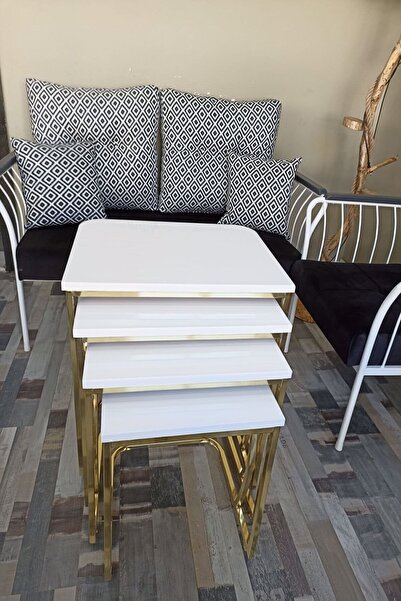 Dinç Metal Sehpa Tekerlekli C Sehpa Gold, Beyaz Mebran Dörtlü, Zigon Sehpa, S...