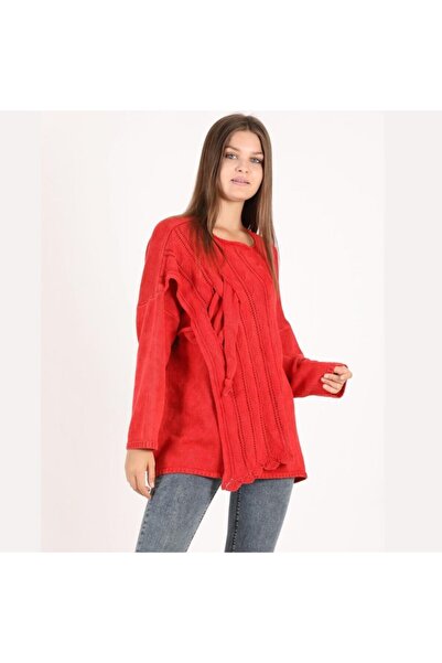Sosyete Kaplumbağa Otantik Triko Büyük Beden Ajurlu Bohem Yıkamalı Kırmızı Merserize Pamuk Bluz